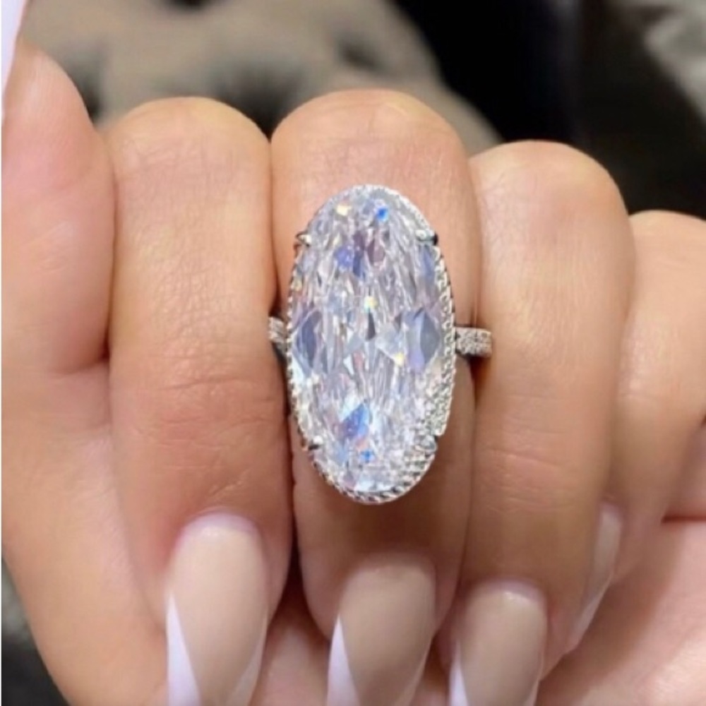 New 925 silver big simulated diamond oval pave cocktail wedding ring